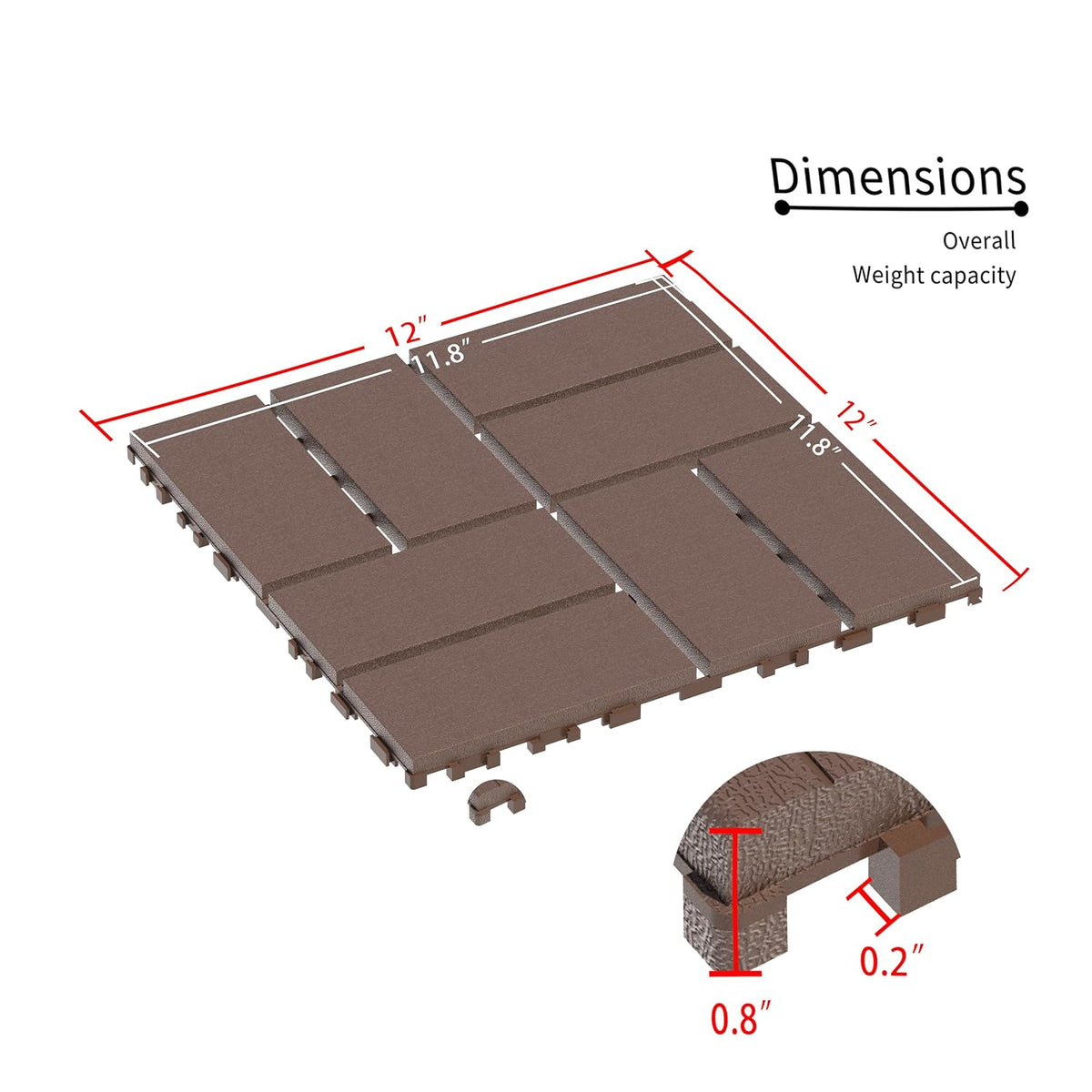 Deck Tiles for Outdoor, Plastic Outdoor Flooring Tiles, Kitchen Non Slip Polypropylene Interlocking Flooring Tile Waterproof for Balcony and Patio, 44 Pack, 12"x12" Square, All Weather Use, Brown