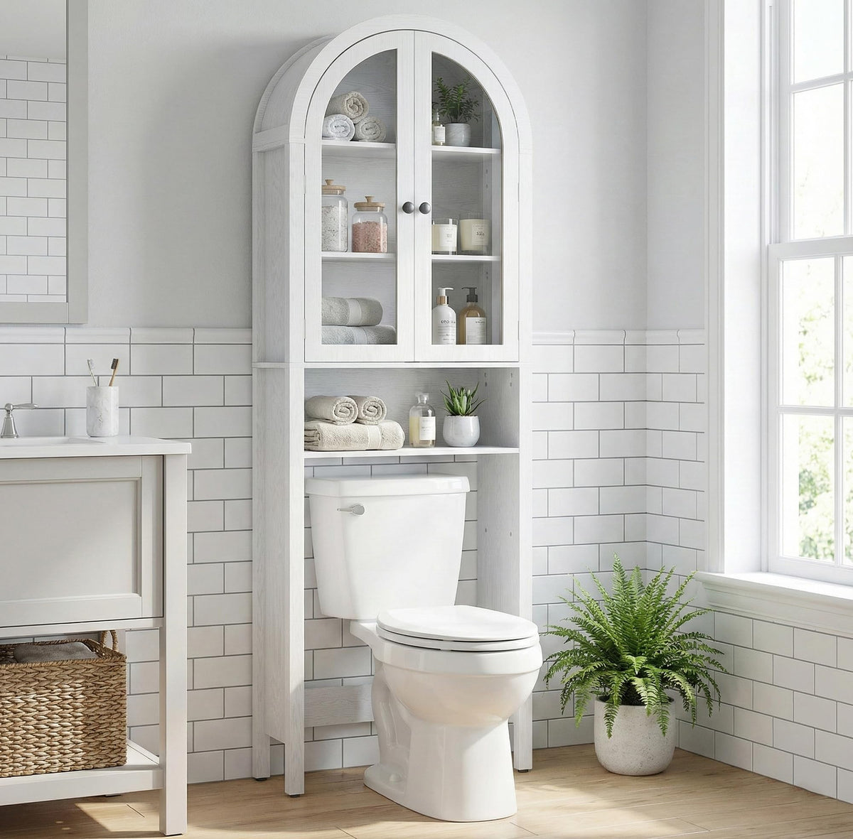 Arched Over The Toilet Storage Cabinet with Fluted Doors, Bathroom Shelf