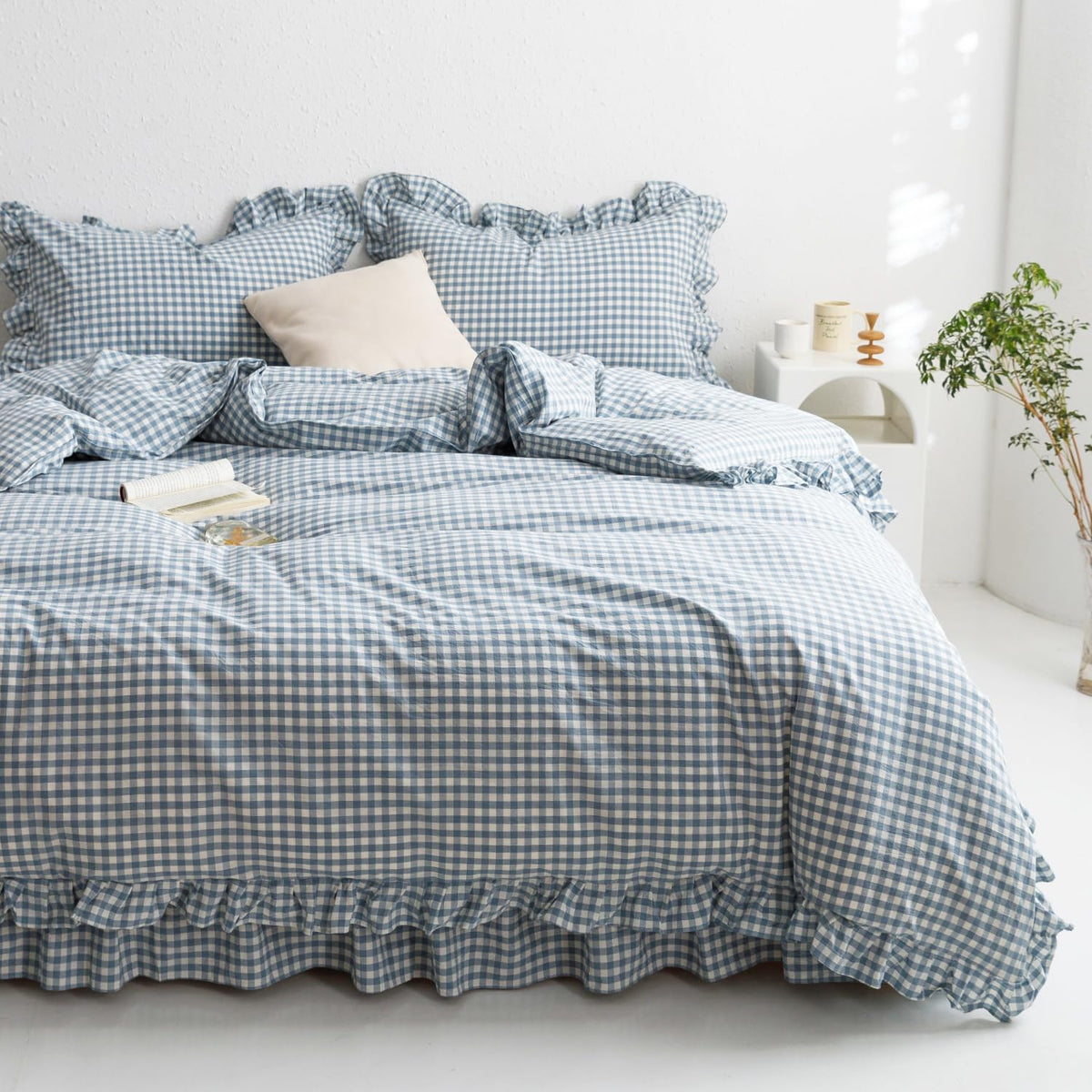 mixinni Vintage Buffalo Plaid Duvet Cover Set Queen Size - 3 Piece Washed Cotton Bedding Set with Grid Pattern, Soft & Breathable Duvet Cover with Pillowcases for All Seasons,(Brown & Blue,Beige)