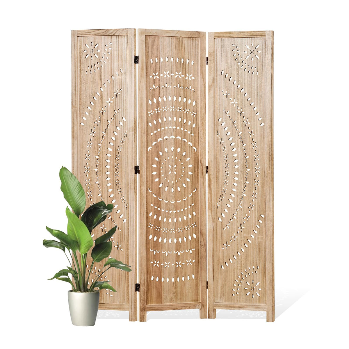 66.9Inch Folding Room Divider, 6 Panels Wood Carved Privacy Screens, Free Assembled Freestanding Partition for Home Office Restaurant Bedroom (Natural)