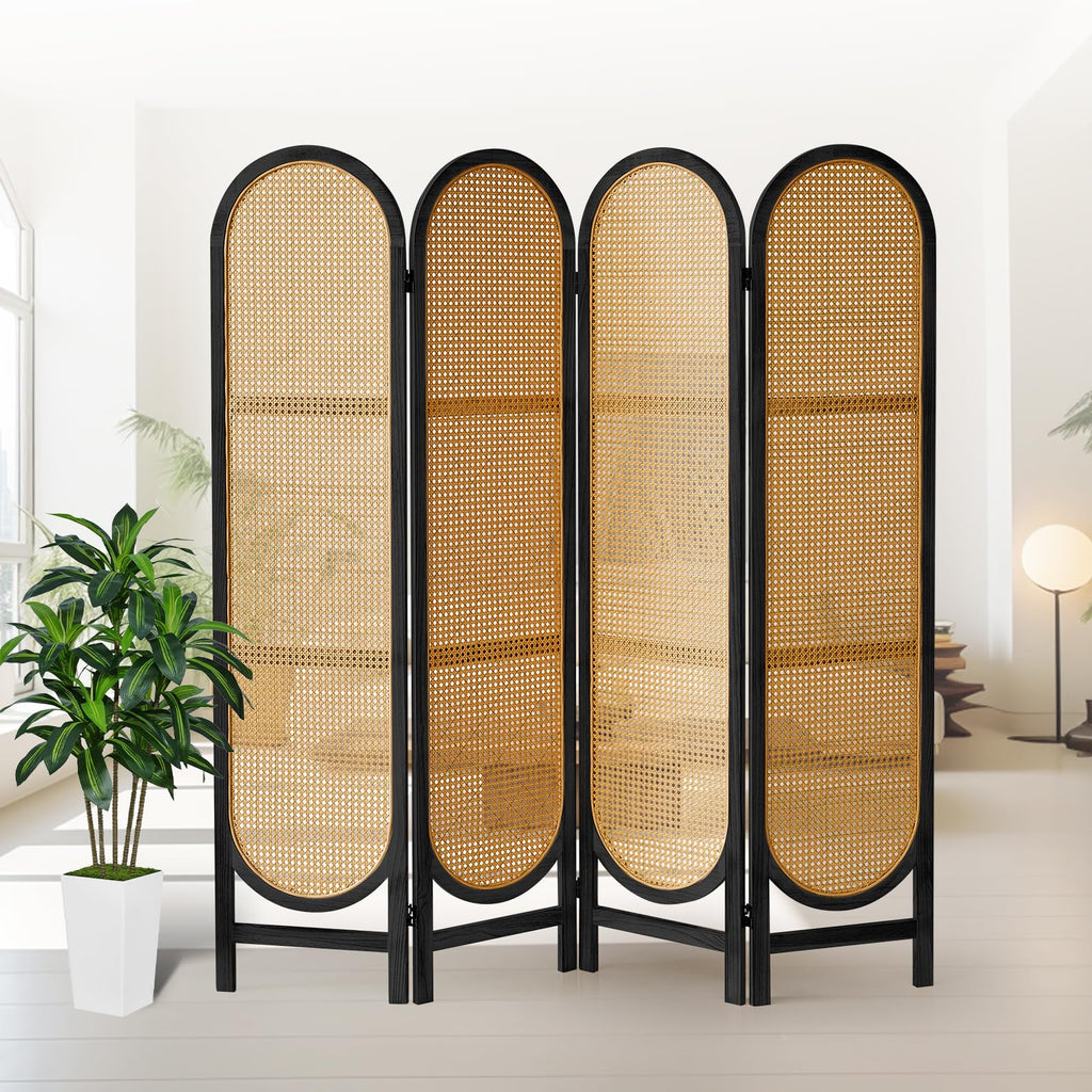 4 Panel Rattan Room Divider, Folding Room Divider Screen, Natural