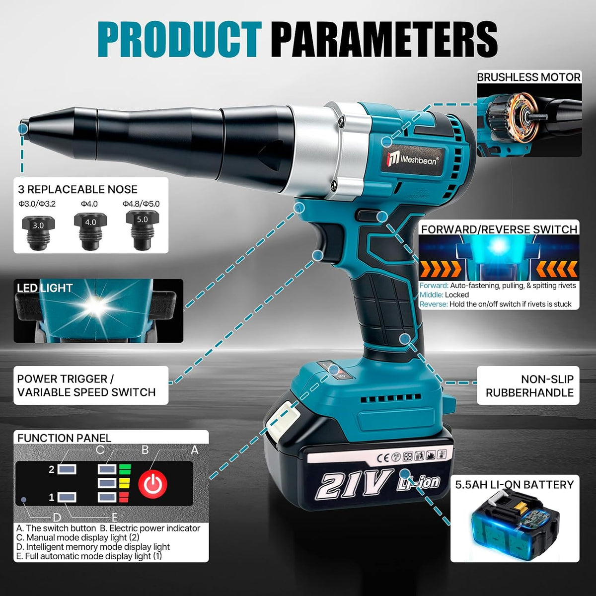 Cordless Rivet Gun,Automatic Brushless Riveter Tool Kit for Rivets 2.4 / 3.2 / 4.0 / 4.8 mm,Portable 21V Lithium-ion Electric with 2 3.0Ah Battery for Stainless Steel, Aluminum Rivets (2 batteries)
