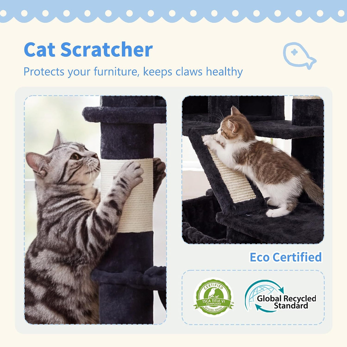 Heybly Cat Tree, 71-Inch-Tall Tower for Indoor Cats with 2 Perches HCT034G
