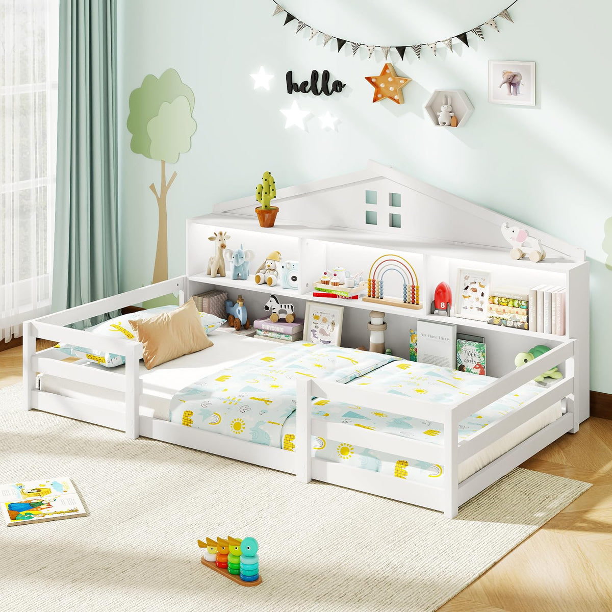 GIANTEX Full Size Floor Bed for Kids, Wooden Montessori Bed Frame with Bookcase, Storage Shelves & Safety Fence Rails, Floor Beds Full for Girls, Boys, No Box Spring Needed, Without Slats, White