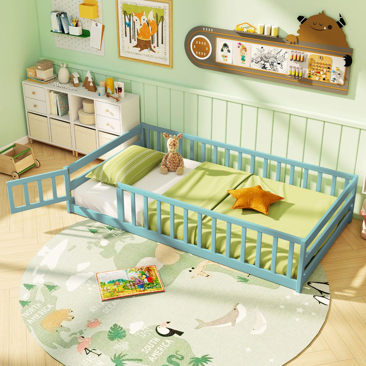 GIANTEX Twin Floor Bed with Fence for Kids, Wooden Montessori Bed Frame with Lockable Door & Guardrails, Low Floor Beds for Kids, Boys, Girls, No Box Spring Needed, Without Wood Slats, White