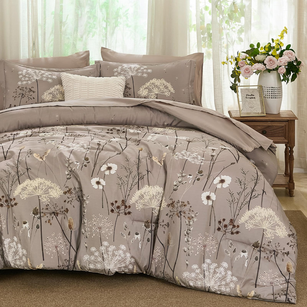 Yiran Black California King Comforter Set, 7 Pieces Floral Bed in a Bag