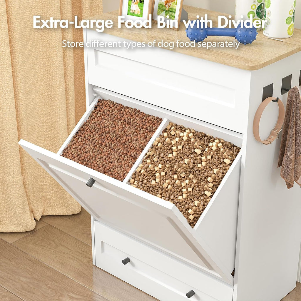 Elevated Dog Feeding Station with Storage, Pull-Out Bowls & Slow Feeder