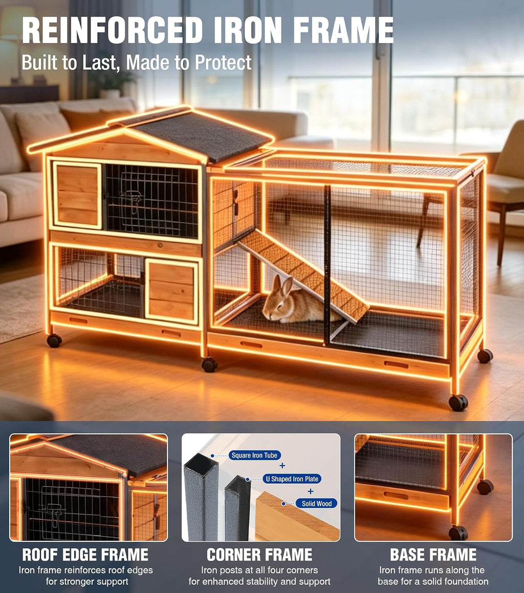 Extra Large Wooden Rabbit Hutch on Wheels with Reinforced Full Iron Frame
