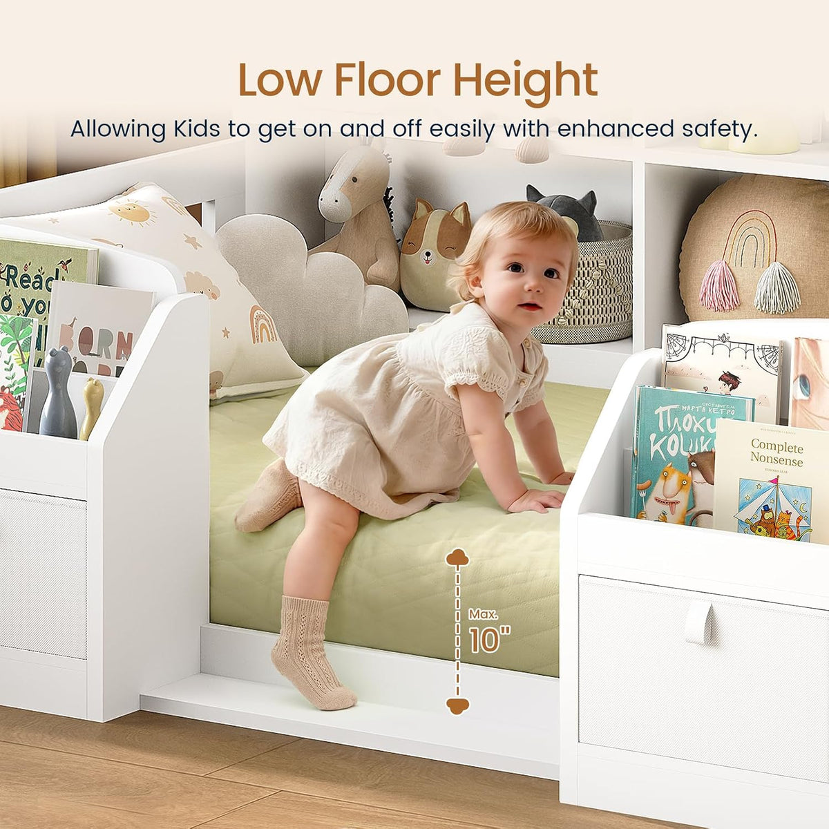 AOGLLATI Twin Floor Montessori Wooden Bed Frame for Toddlers,White