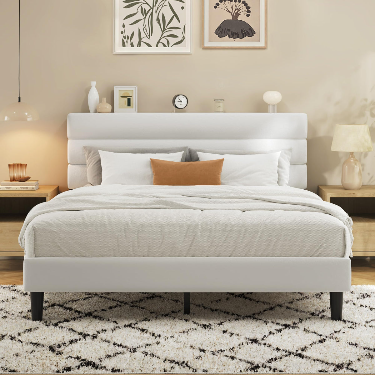 Fluest King Size Bed Frame, Platform Bed Frame with Velvet Upholstered Headboard, No Box Spring Needed, Sturdy Metal Support, Noise Free, Easy Assembly, Beige