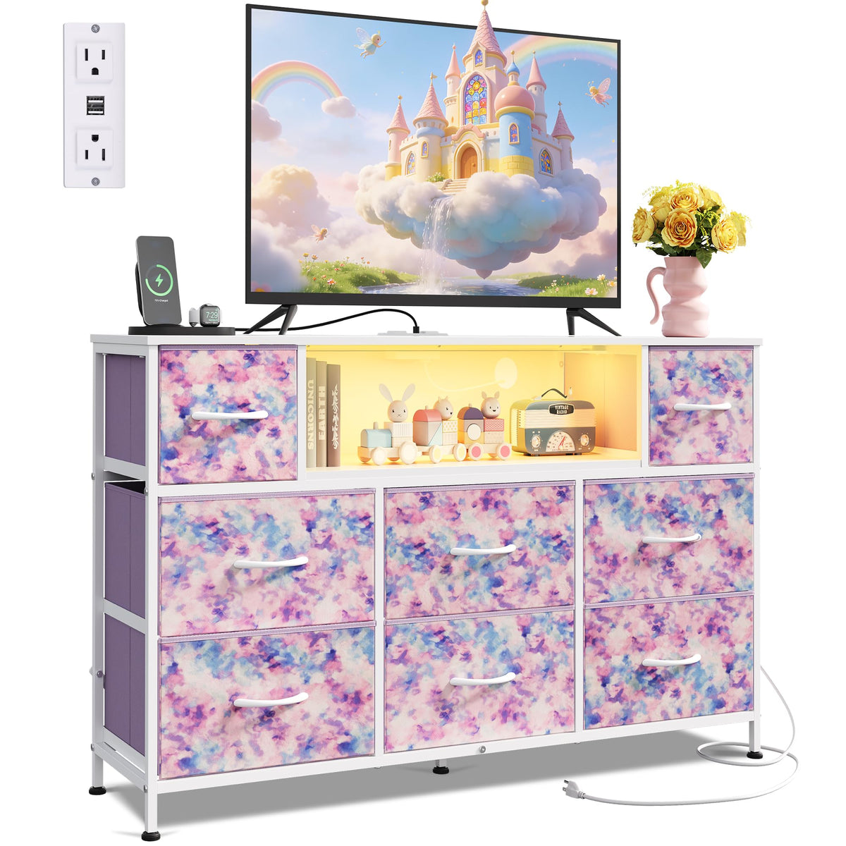 WLIVE LED Black Dresser TV Stand for 55 Inch TV, 8 Drawers