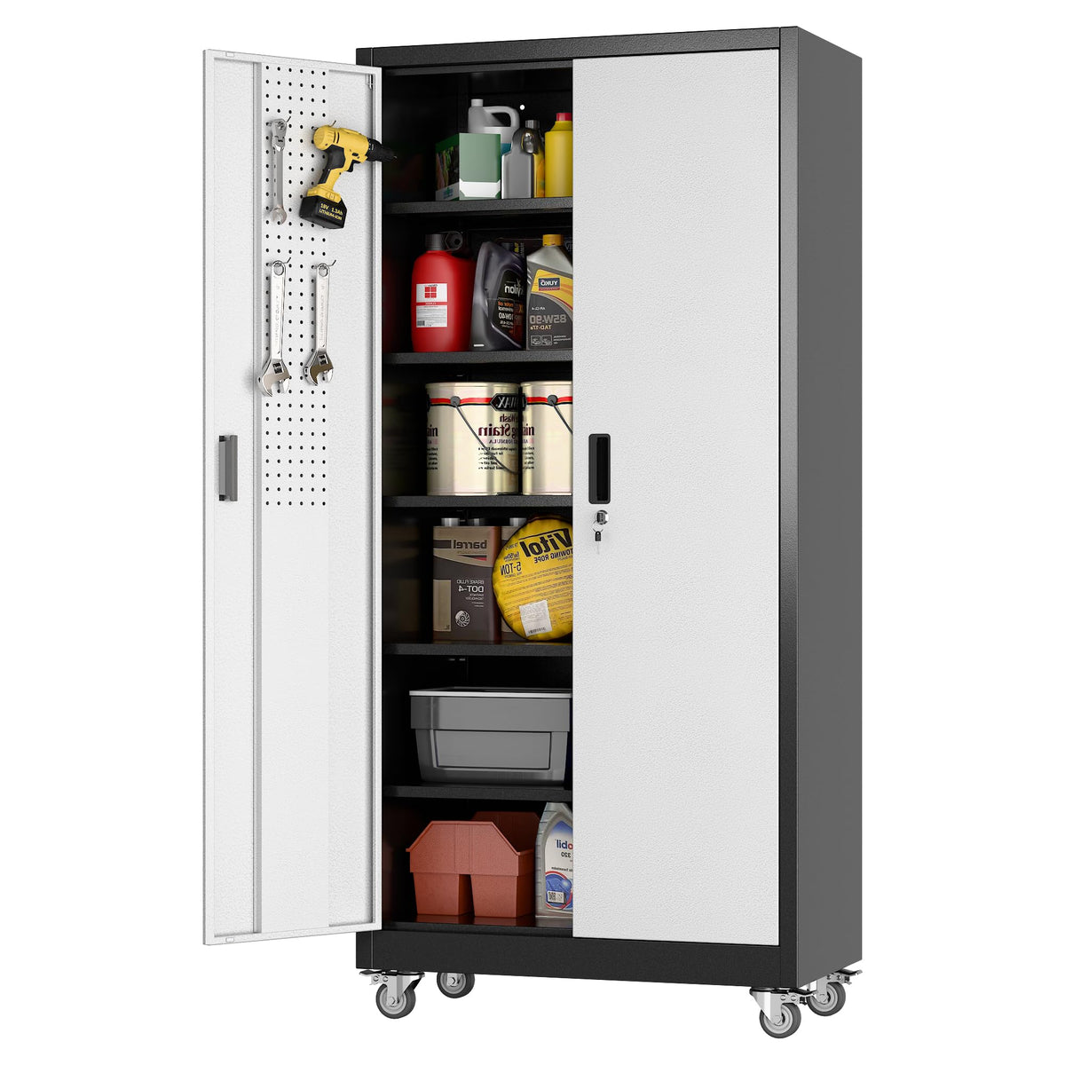 Aobabo 71" Metal Storage Cabinet with Wheels, 5 Shelves & Pegboards, Black