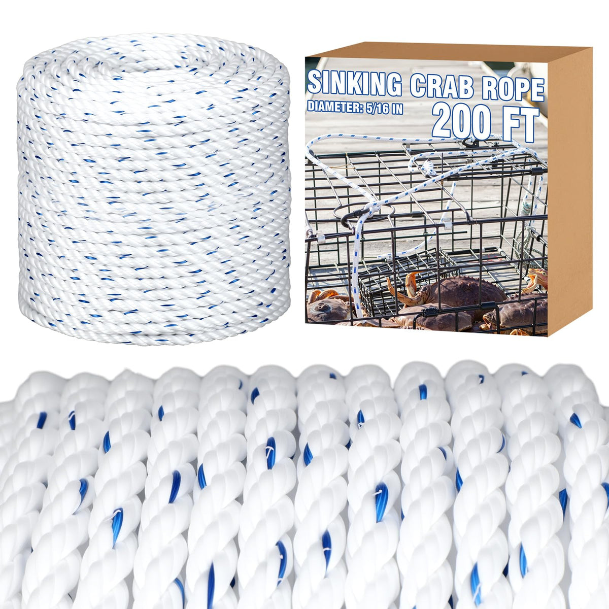 Sinking Line Leaded Core Rope for Crab Trap and Shrimp Pot Crab Trap Rope Strands Twist PP Line for Harness Fishing Industry, 3 Sizes: 1/4" Dia-200', 1/4" Dia-400', 5/16" Dia-400'