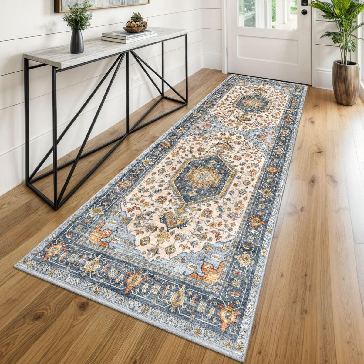 KUTA Vintage Extra Long Runners for Hallways 2.6x18ft Washable Blue White