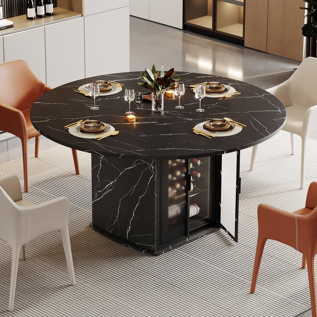 IBF 47" White Faux Marble Round Dining Table with Storage for Dining Room
