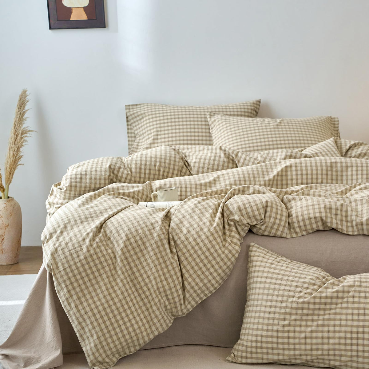 Plaid Duvet Cover Set Washed Cotton,Queen(90"x90"),Multicolor Gingham