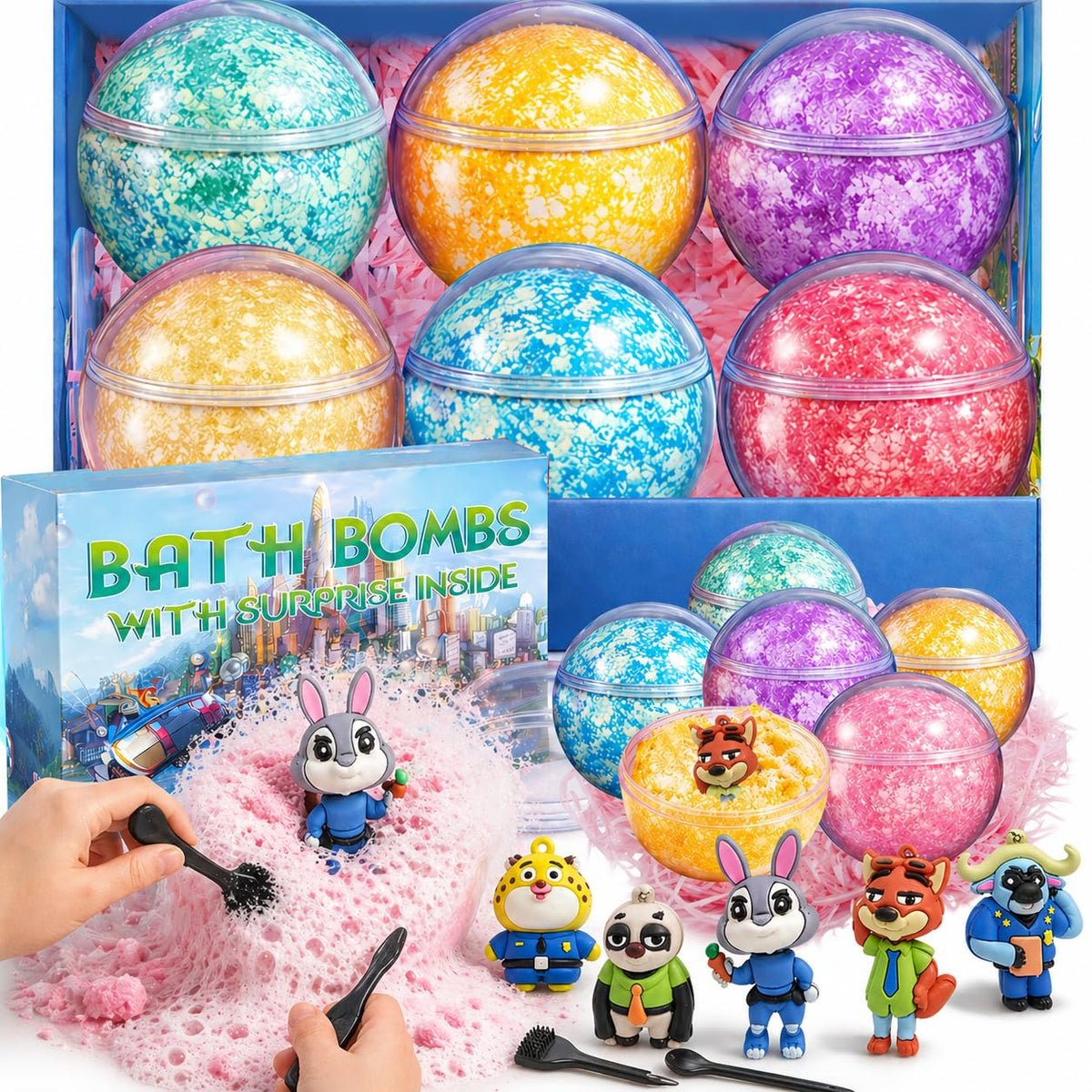 Bath Bombs for Kids: XXL Bath Bombs with Surprise Inside, Organic Bath Bombs Rich in Natural Essential Oils, Kids Bath Gift Set for Dry Skin Moisturize, Summer Party Favors for Kids (6 Pcs)