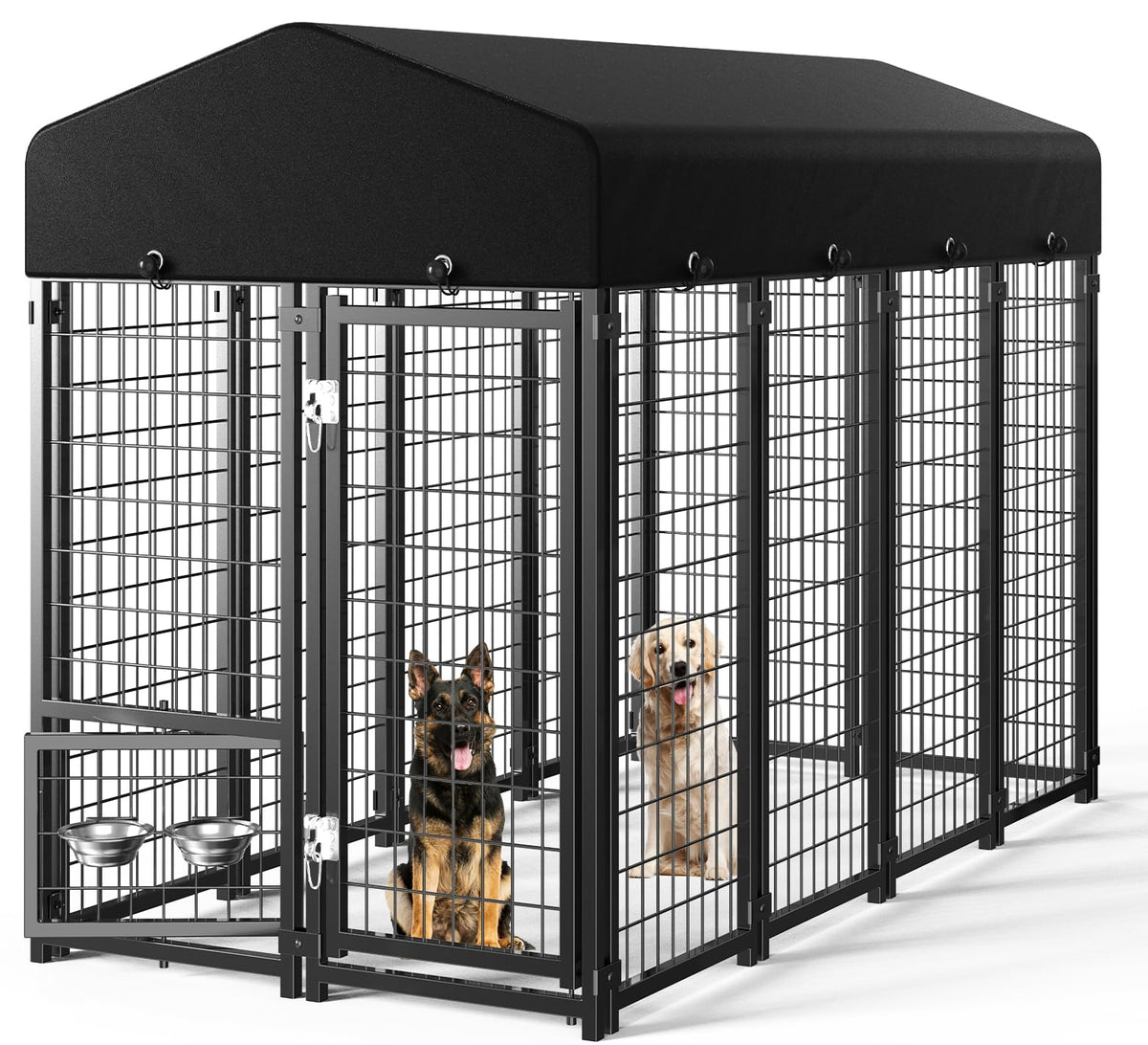 Dog Kennel Outdoor, Large Outside Dog Kennel with Roof & Swivel Feeders/Removable Doggy Door Allow Connecting Your Dog House, Heavy Duty Dog Run Pen for Medium/Large Dogs (8'L x 4'W x 6'H)