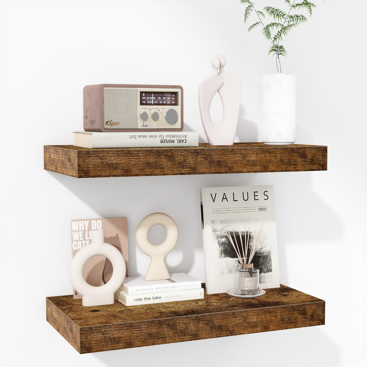 Fun Memories Floating Shelves - 2 Pack 12 Inch Rustic Wooden Wall Shelves - Extra Deeper & Thicker Wall Mounted Storage Shelf for Living Room, Kitchen, Farmhouse - 36" W x 12" D x 1.8" H - Brown