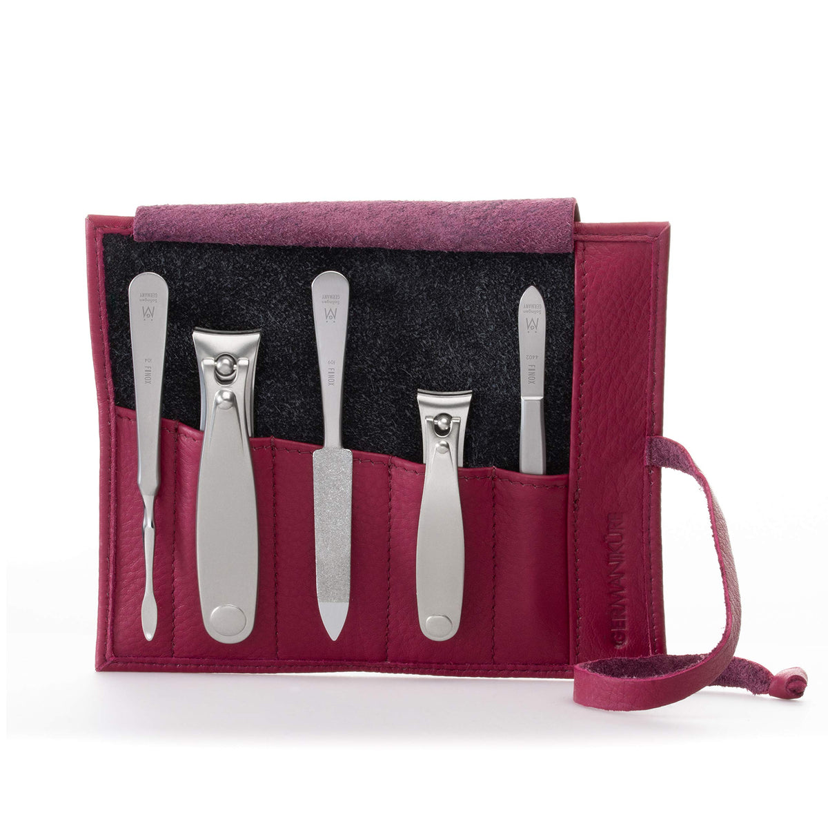 GERMANIKURE 7pc Manicure & Pedicure Set, FINOX Steel, Purple Leather Roll