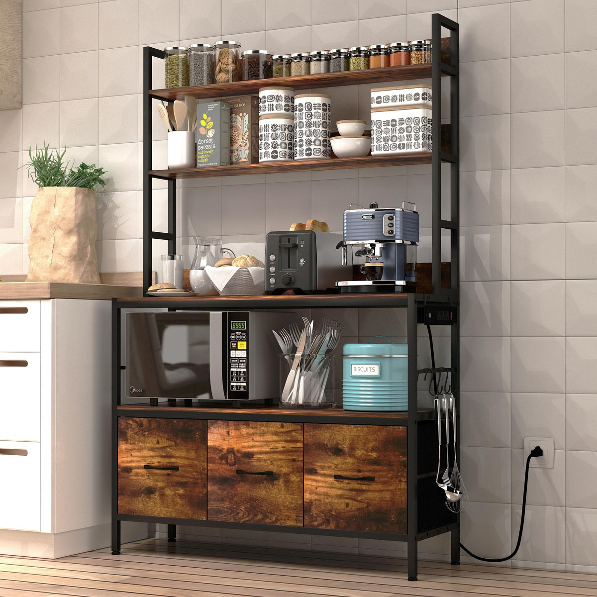 5-Tier Kitchen Bakers Rack with Storage,Industrial Microwave Oven Stand, Utility Storage Shelf,Free Standing Kitchen Utility Cart Storage Shelf Organizer with Hooks