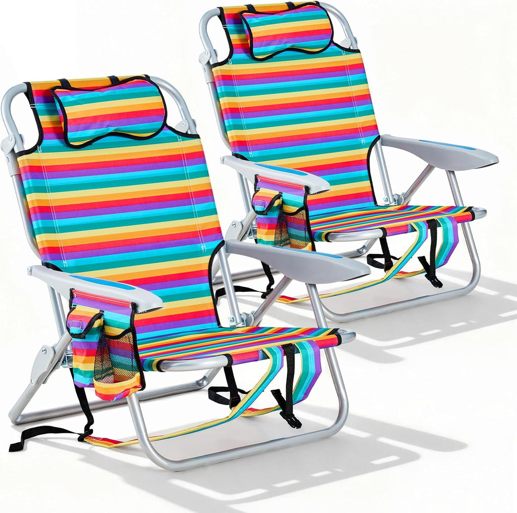 2 Pack Lightweight Portable Camping Beach Chair for Adults, Outdoor Lay Flat Folding Beach Chairs with 5 Positions, Backpack Beach Chair with Towel Bar, Zipper Pouch, Cup Holder, NEW Striped