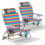 2 Pack Lightweight Portable Camping Beach Chair for Adults, Outdoor Lay Flat Folding Beach Chairs with 5 Positions, Backpack Beach Chair with Towel Bar, Zipper Pouch, Cup Holder, NEW Striped