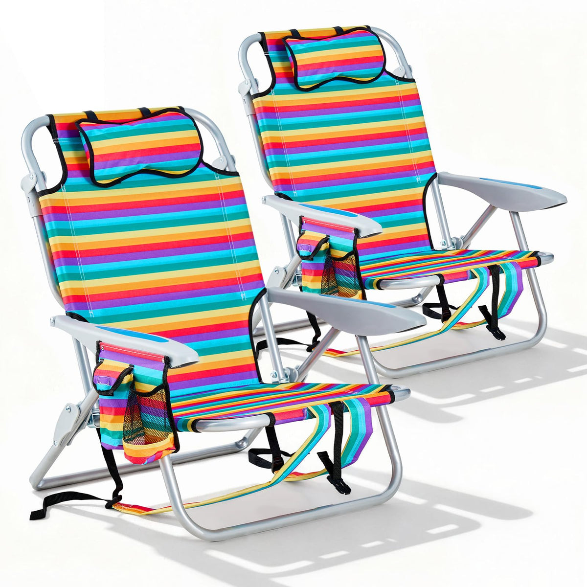 2 Pack Lightweight Portable Camping Beach Chair for Adults, Outdoor Lay Flat Folding Beach Chairs with 5 Positions, Backpack Beach Chair with Towel Bar, Zipper Pouch, Cup Holder, NEW Striped