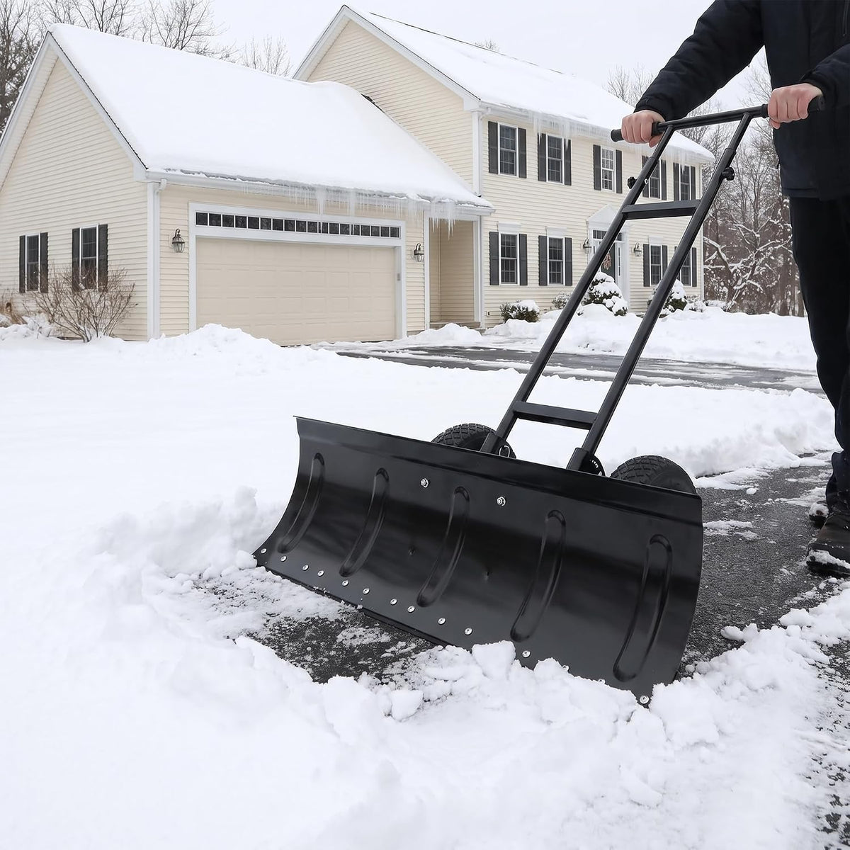 36 Inch Snow Shovel with Wheels, Heavy Duty Metal Snow Pusher Plow, Adjustable Height Handle, Wheeled Snow Removal Tool for Driveway, Sidewalk, Yard, Commercial Use