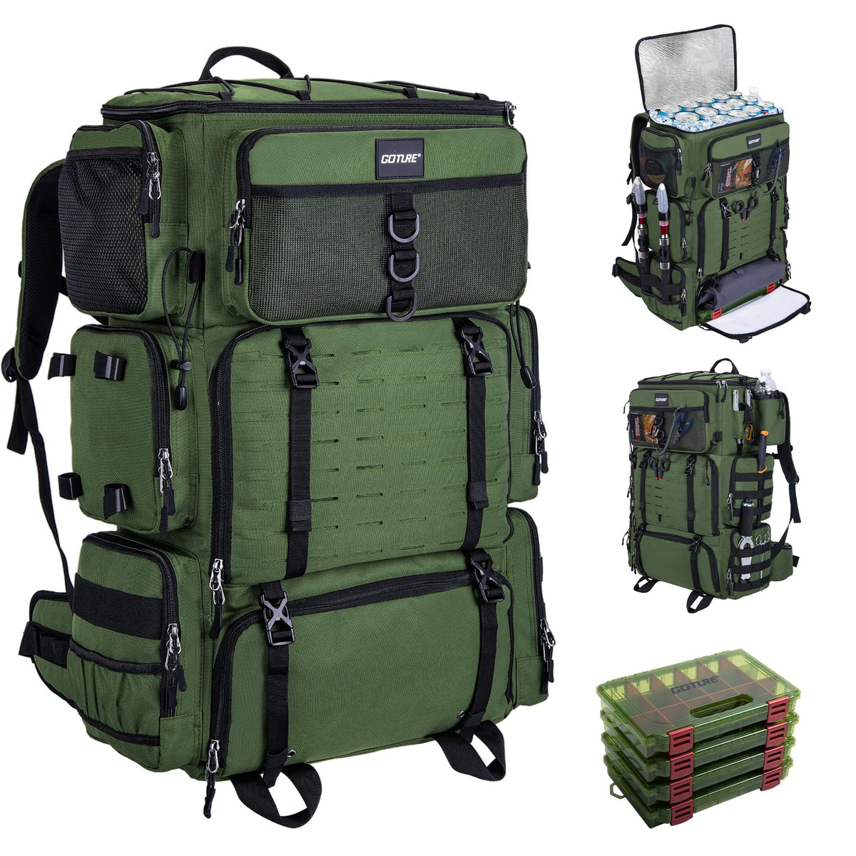 Goture 72L Fishing Tackle Backpack with Cooler & 4 3700 Tackle Boxes