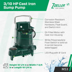 Zoeller M53 Mighty-mate Submersible Sump Pump, 1/3 Hp