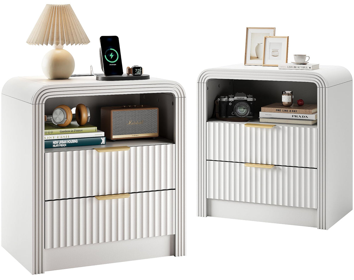 Decofy Fluted Nightstand Set of 2 with Charging Station, 2 Drawers, Oak