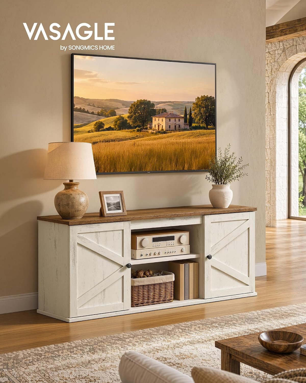 VASAGLE Farmhouse TV Stand for 65'' TV, Media Console, Sliding Barn Doors