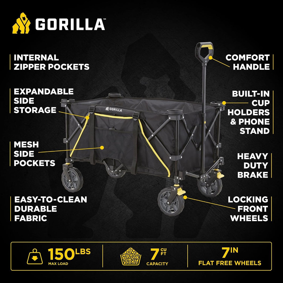 Gorilla Carts Collapsible Folding Outdoor Utility Wagon, 7 Cu Ft, Black