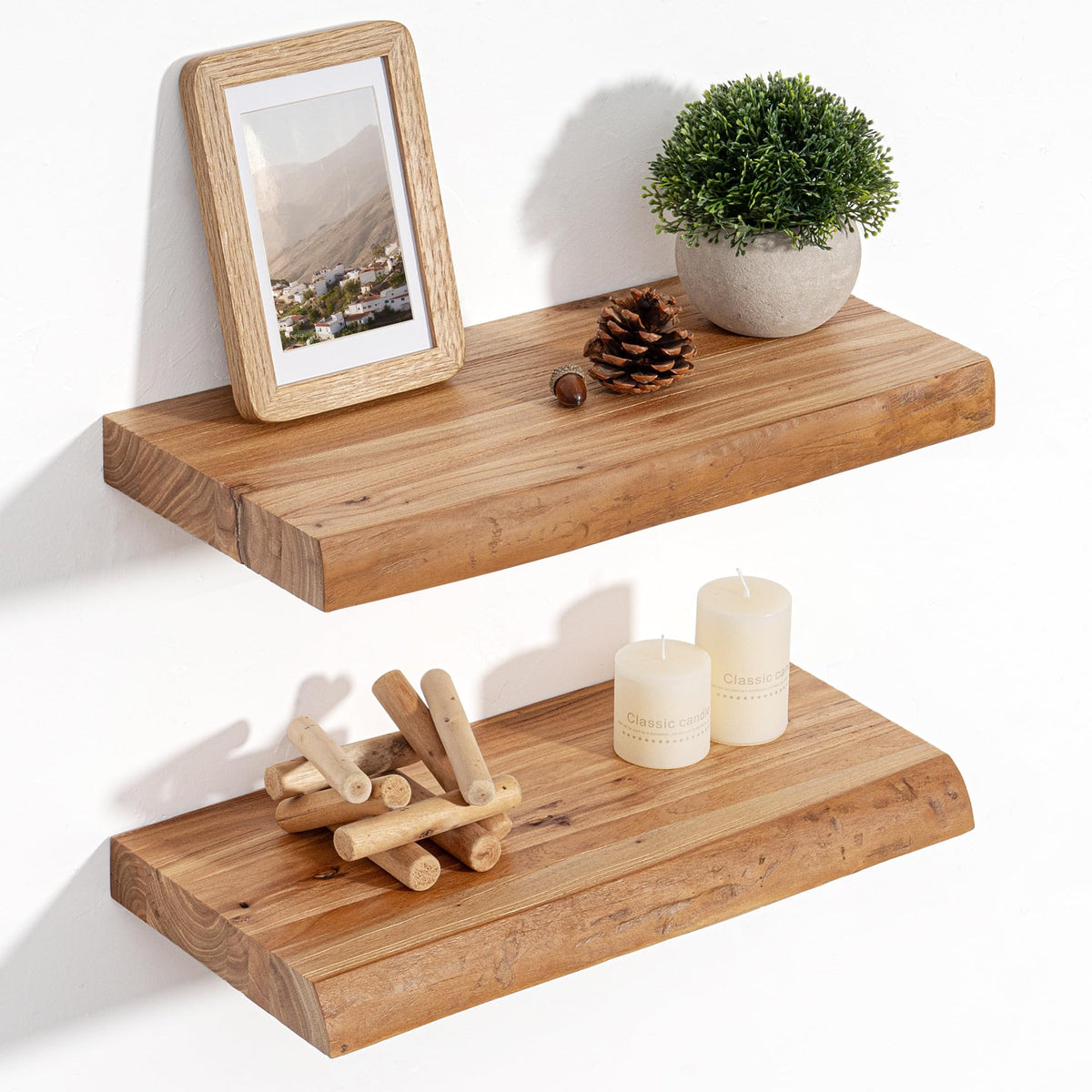 Floating Shelves for Wall, Solid Elm Wood Shelves, 24in Set of 2, Natural