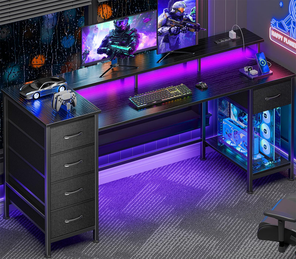 Korfile 47 Inch Gaming Computer Desk with Power Outlets,LED,5 Drawers,Black