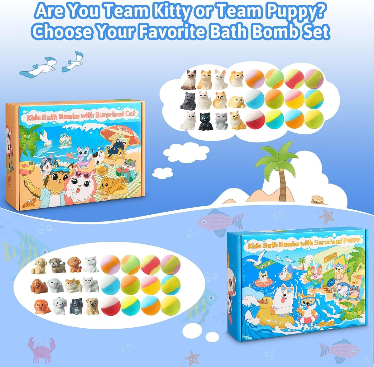 24 Pack Kids Bath Bombs with Surprise Puppy & Cat Toys, Kid-Safe Gift Set