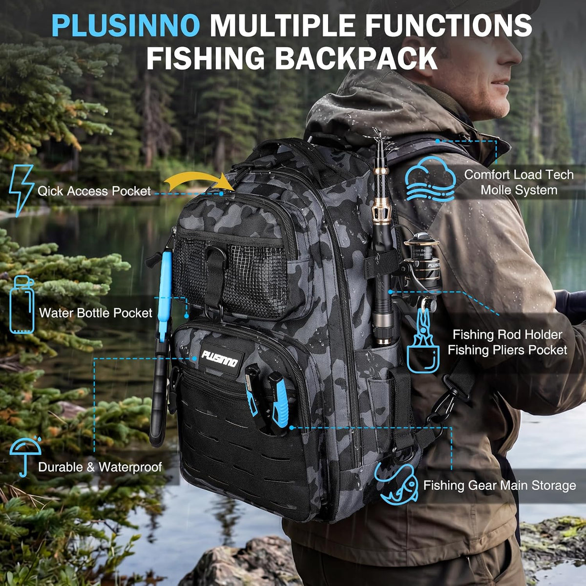 PLUSINNO Fishing Gear, Fishing Backpack with Tackle Box, Tackle Backpack