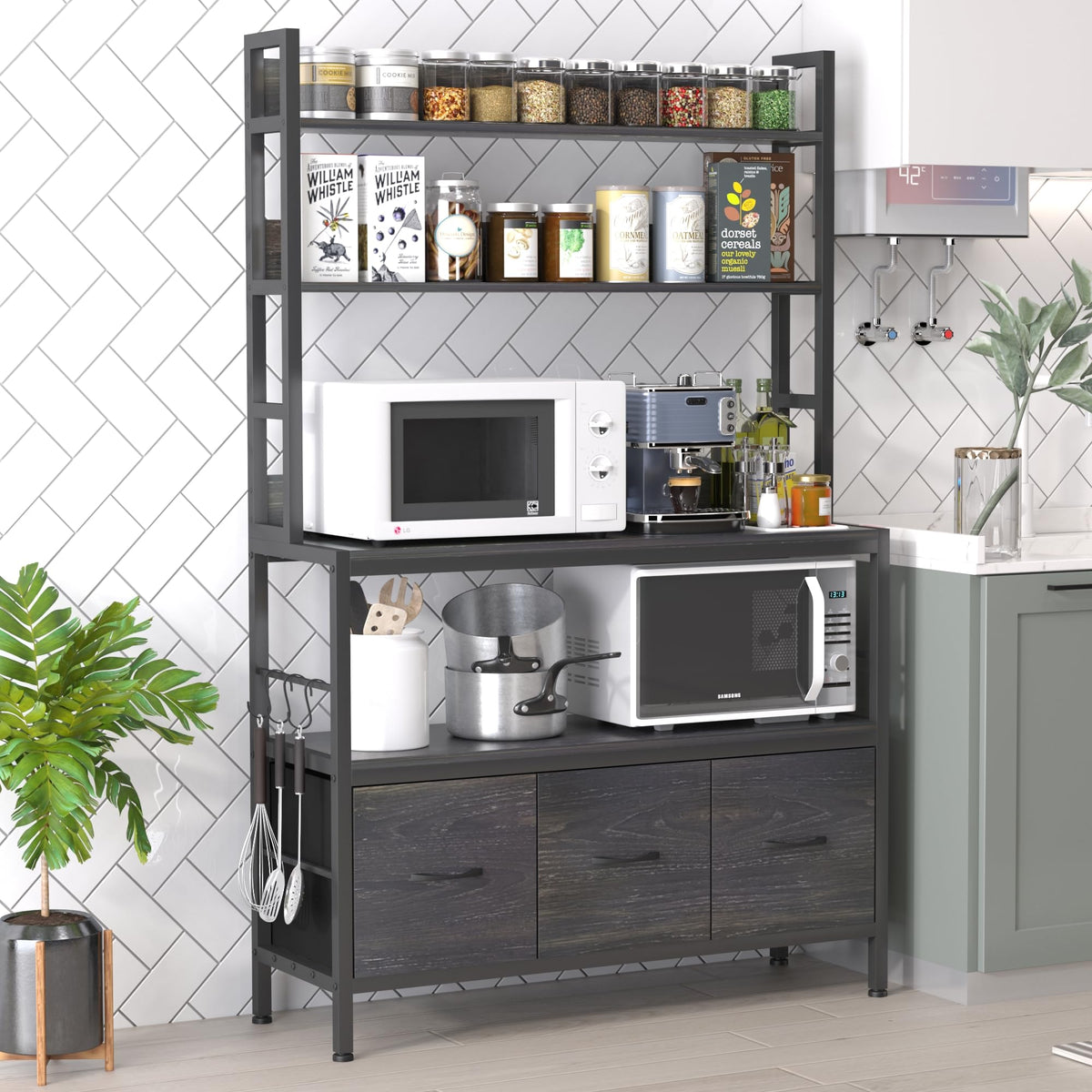 Kitchen Bakers Rack with Baskets,5-Tier Free Standing Storage Shelf Rack,Industrial Microwave Oven Stand,Metal Kitchen Rack Organizer with Hooks