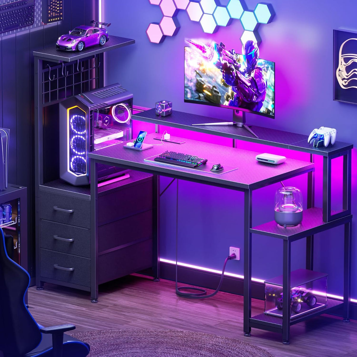 Korfile 48" Gaming Desk with Power Outlet, LED, Carbon Fiber Black Finish