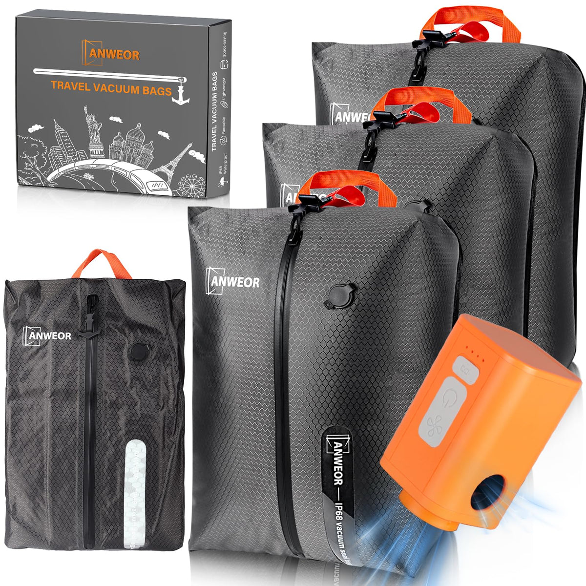 Overpack Vacuum Bags for Travel with Wireless Pump,2 Pack 28L Bag + 1 Pump