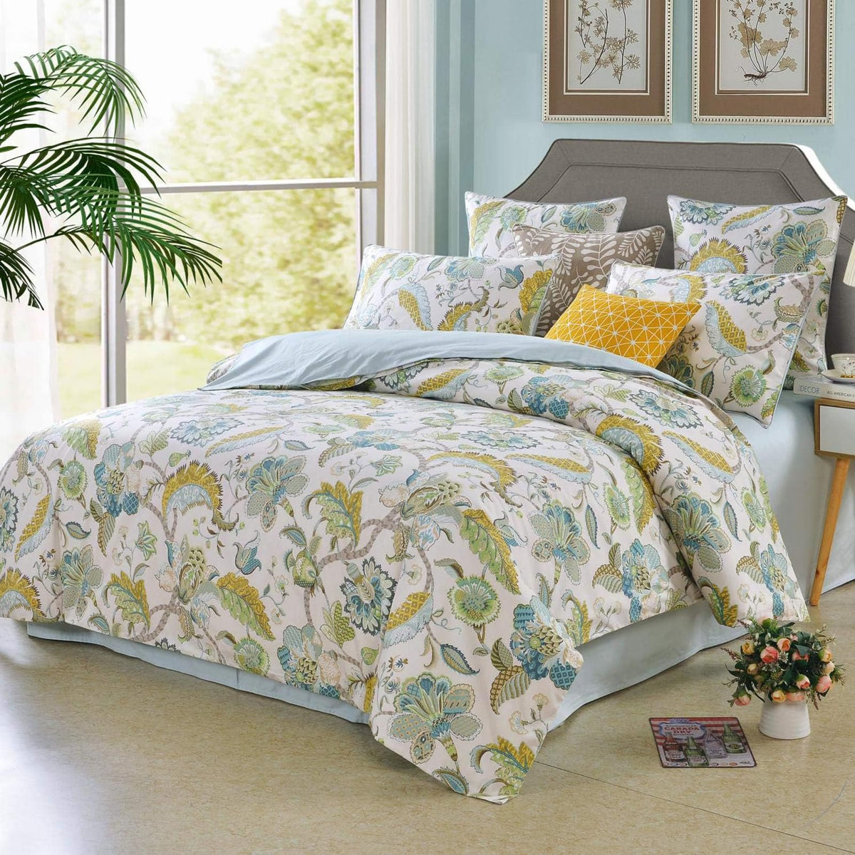 mixinni Garden Style Cotton Flowers and Birds Pattern Printed Duvet Cover Reversible Design Peacock Blue 3 Piece Bedding Duvet Set with Zipper Closure, Perfect for Him and Her-Queen Size