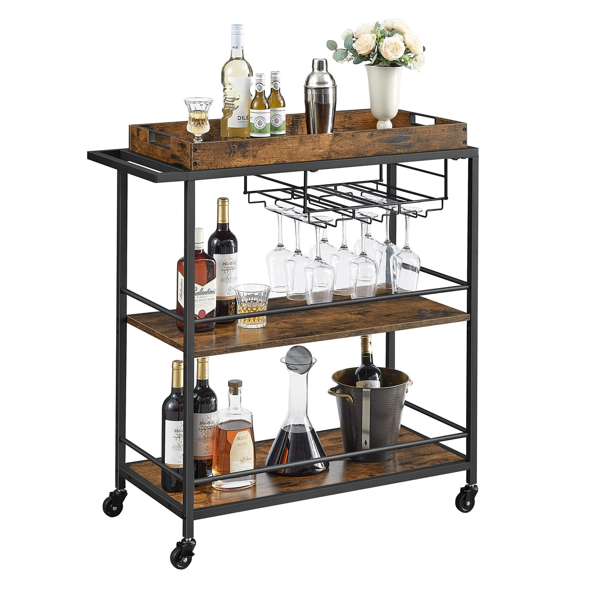 VASAGLE Bar Cart Gold, Large Home Bar Serving Cart with 3-Tier