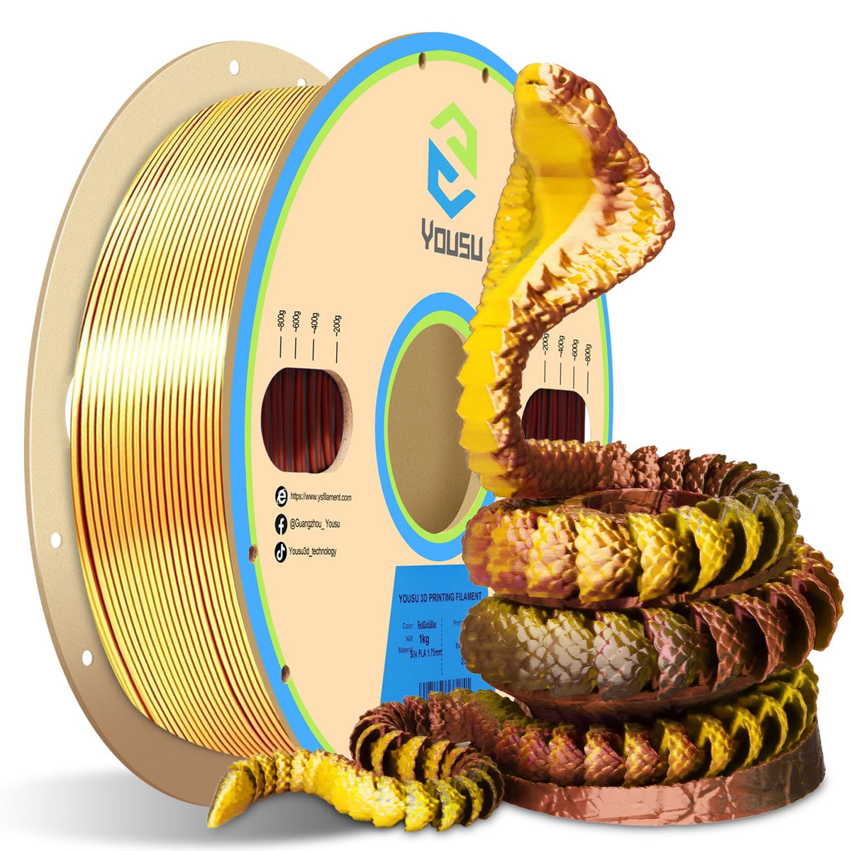 YOUSU 3D Printer Filament Silk PLA Filament Rainbow Color,1.75mm Tri Color PLA Filament 6kg Pack,1kg Spool.