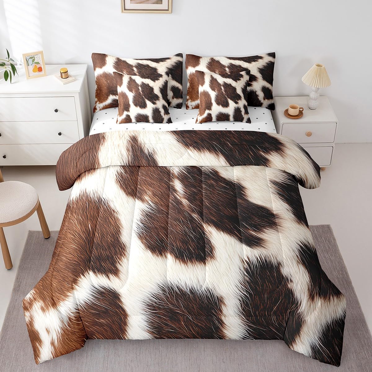 Erosebridal Brown Cow Print King Comforter Set 7 Piece, Simulated Black Cowhide Western Farmhouse Bedding Sets with Sheets, Rustic Highland Cow Skin Bed in a Bag with Fitted Flat Sheet, Pillowcases