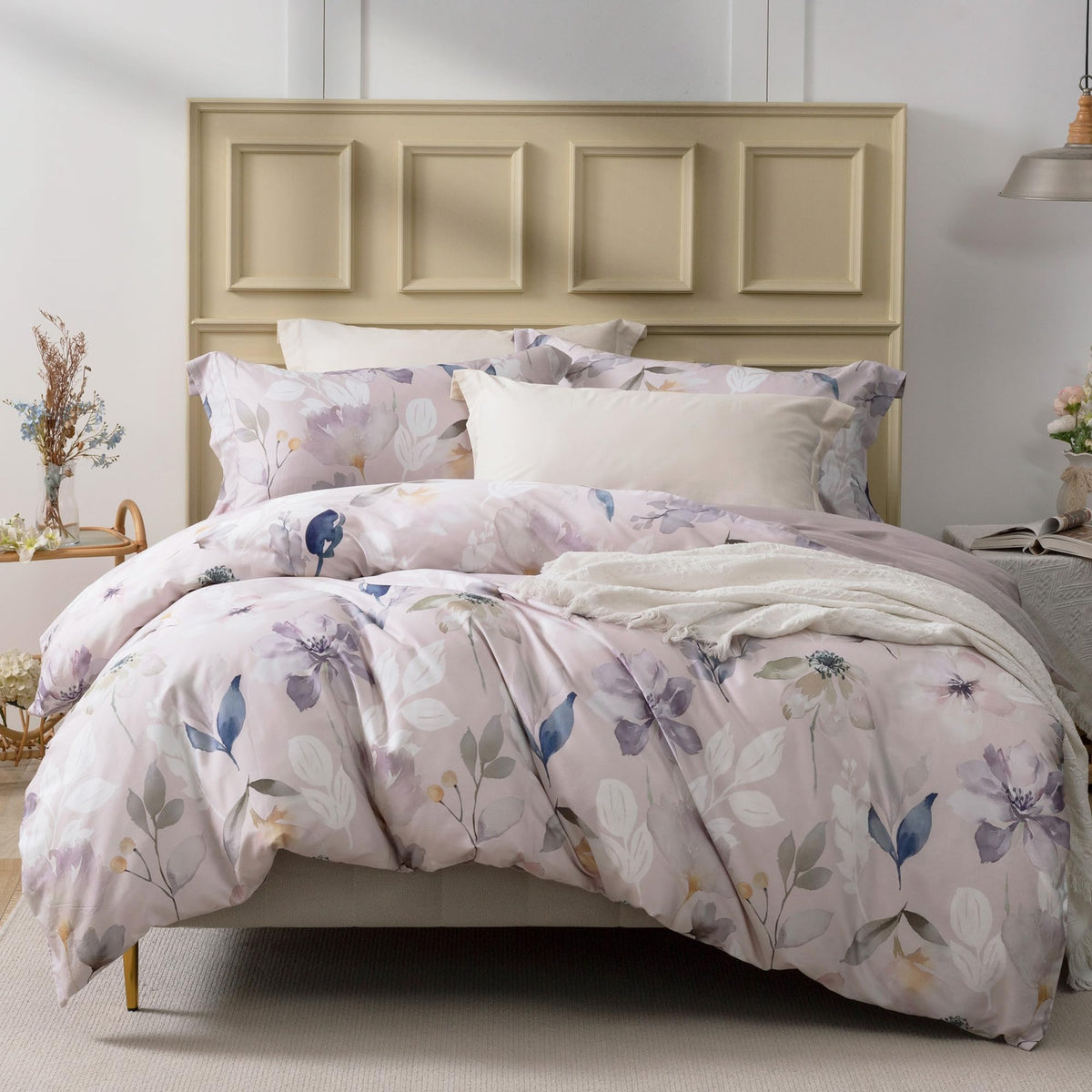 MILDLY White Floral Green Leaves Luxury Duvet Cover Set 3pcs King