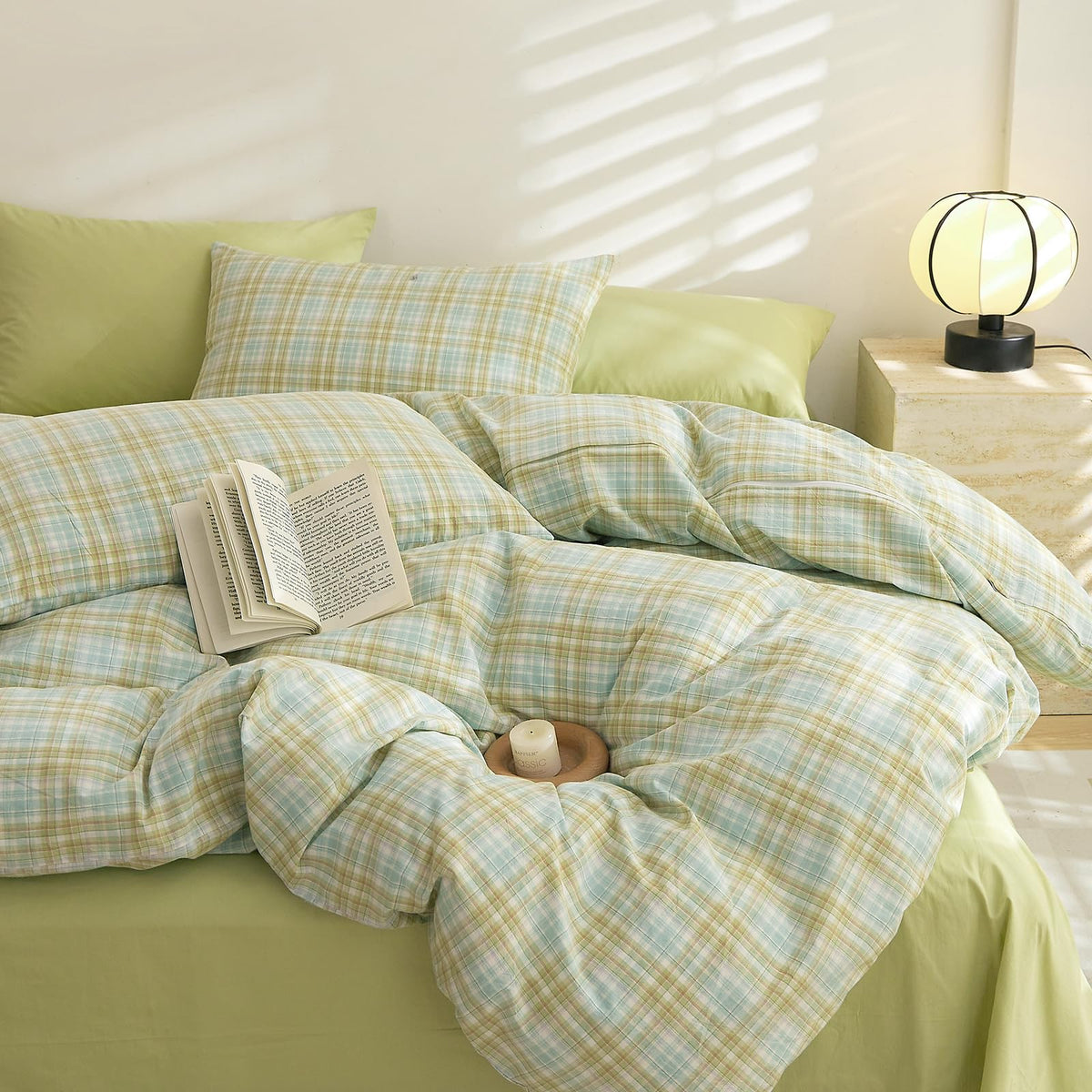 EAVD Vintage Buffalo Plaid Duvet Cover Queen Red&Black&Green Muslin Cotton
