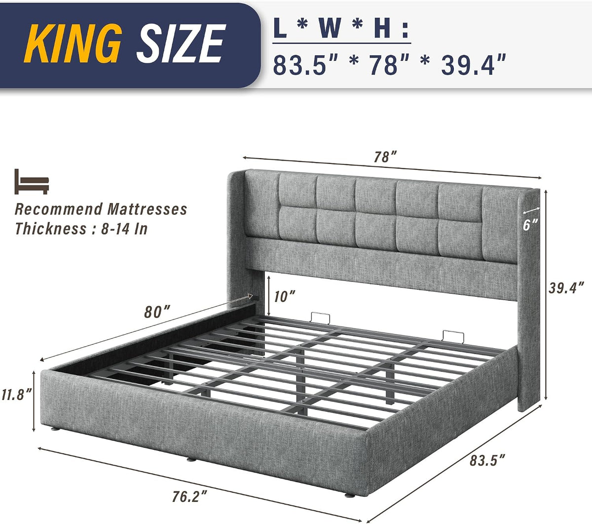King Bed Frame with Hydraulic Gas Lift Up Storage, Linen Upholstered