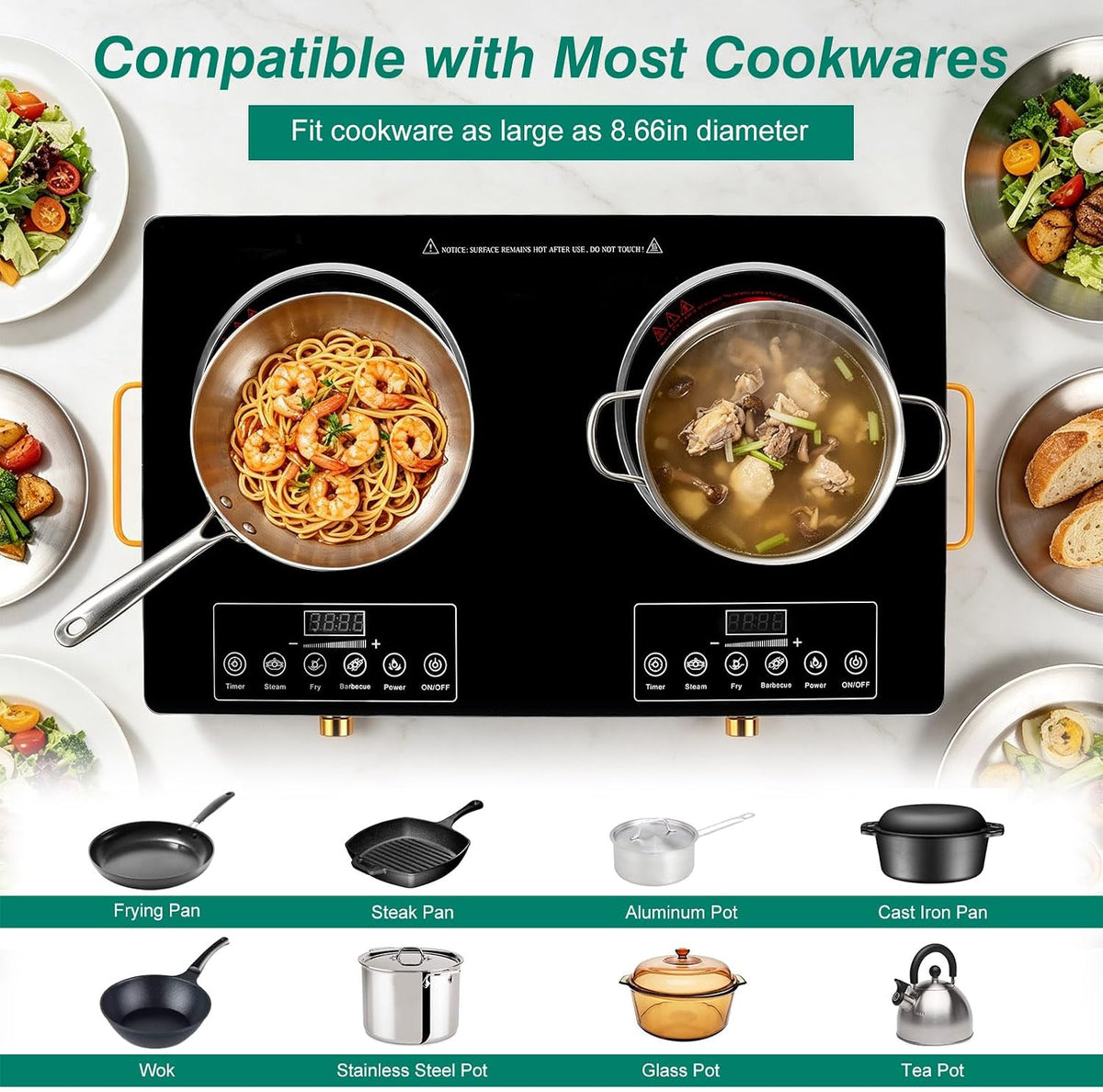 Electric Countertop Double Burner, 7000W Ceramic Cooktop with Crystal Glass Hot Plate & Stay Cool Handles, 12 Level Temperature Control, LED Display, Touch Control, Cooking Stove for Home Camping RV