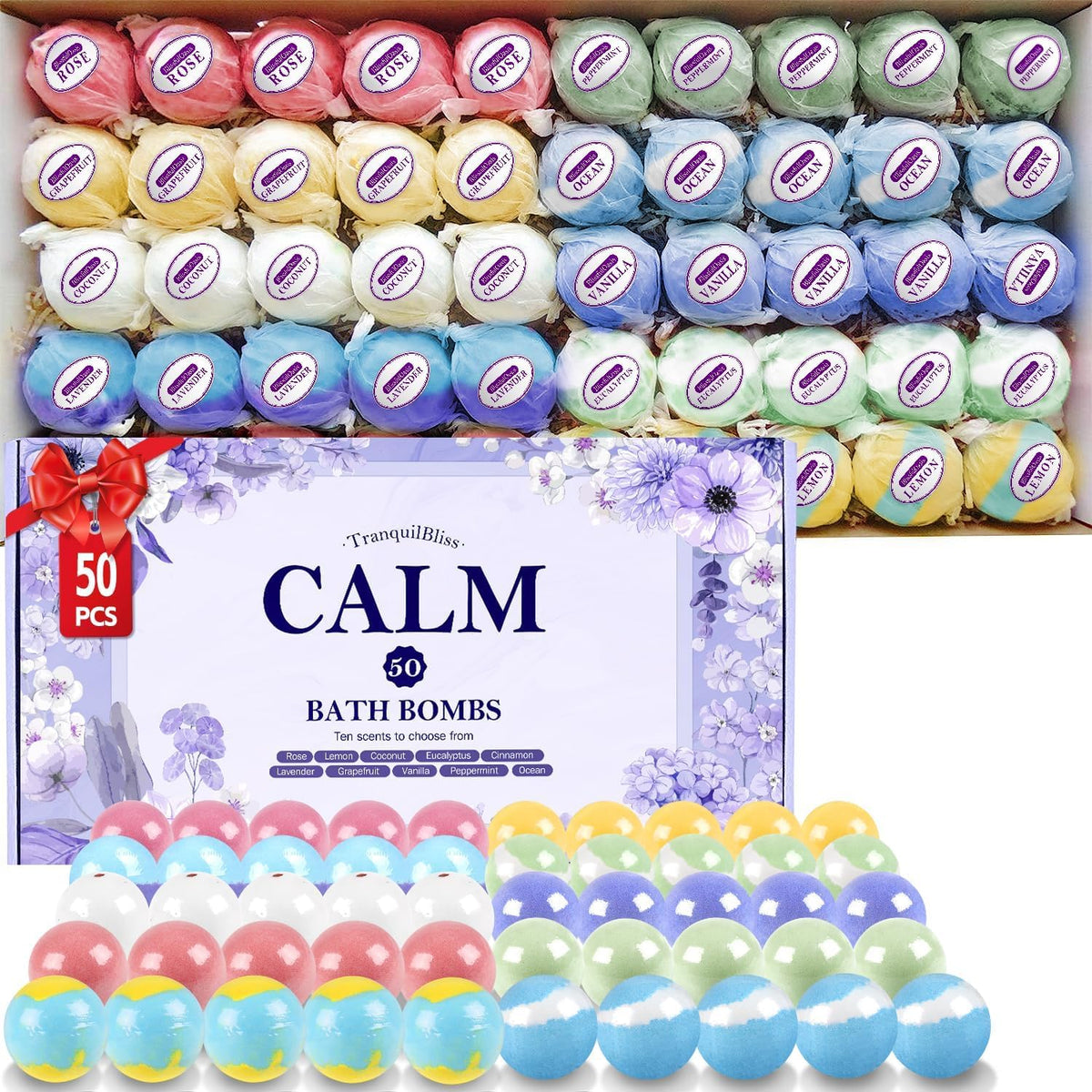 TranquilBliss Bath Bombs Set for Women, 50 PCS 10 Scents Natural Bathbombs